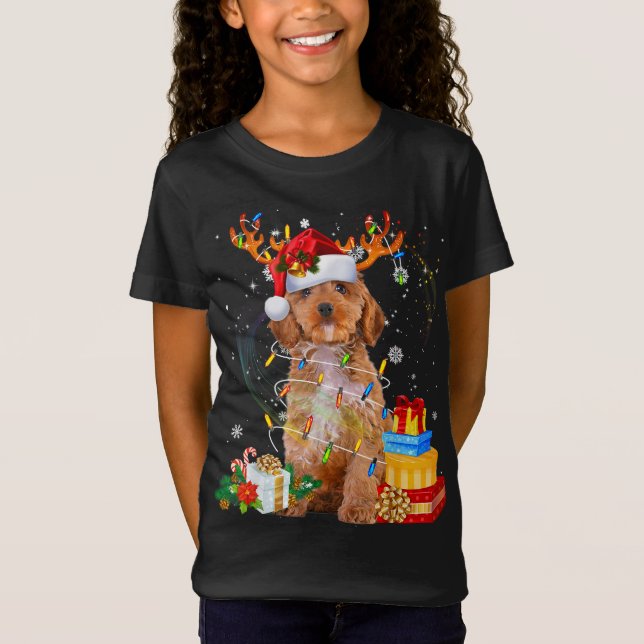 Cockapoo Rentier Weihnachtslicht Funny Dog Xmas T-Shirt (Vorderseite)
