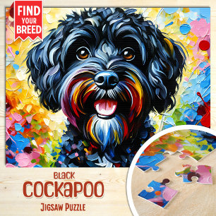 Cockapoo Schwarzer Hund Porträt Acryl Kunst Druck  Puzzle