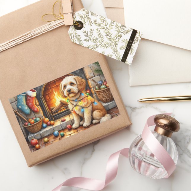 Cockapoo sitzt am Kamin mit Weihnachtslicht Rechteckiger Aufkleber (Schenken)