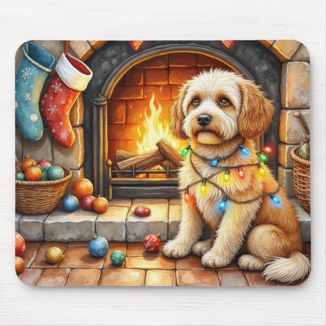Cockapoo sitzt neben dem Kamin mit Weihnachtsbeleu Mousepad (Vorne)