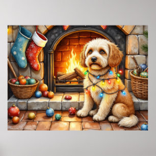 Cockapoo sitzt neben dem Kamin mit Weihnachtslicht Poster