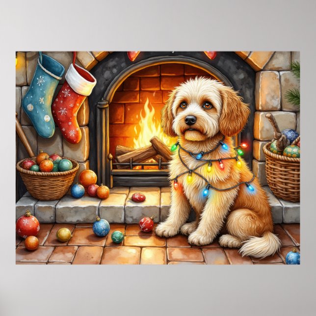 Cockapoo sitzt neben dem Kamin mit Weihnachtslicht Poster (Vorne)