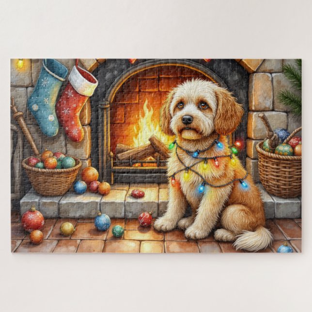Cockapoo sitzt neben dem Kamin mit Weihnachtslicht Puzzle (Horizontal)