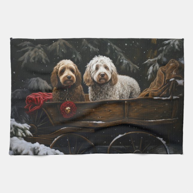 Cockapoo Snowy Sleigh Weihnachtsdekor Geschirrtuch (Horizontal)