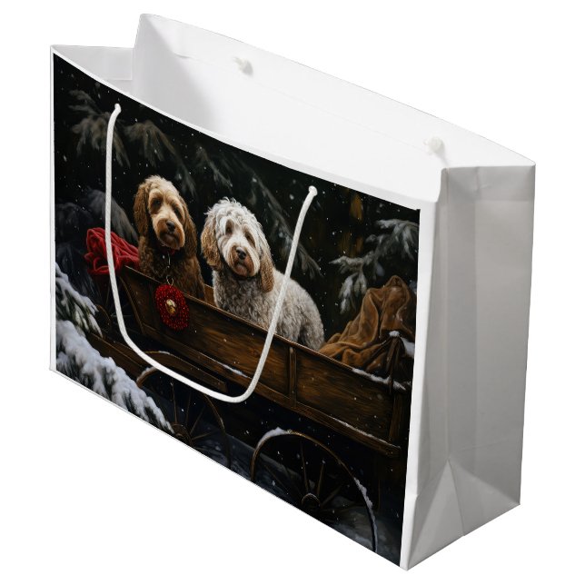 Cockapoo Snowy Sleigh Weihnachtsdekor Große Geschenktüte (Vorderseite Schrägansicht)