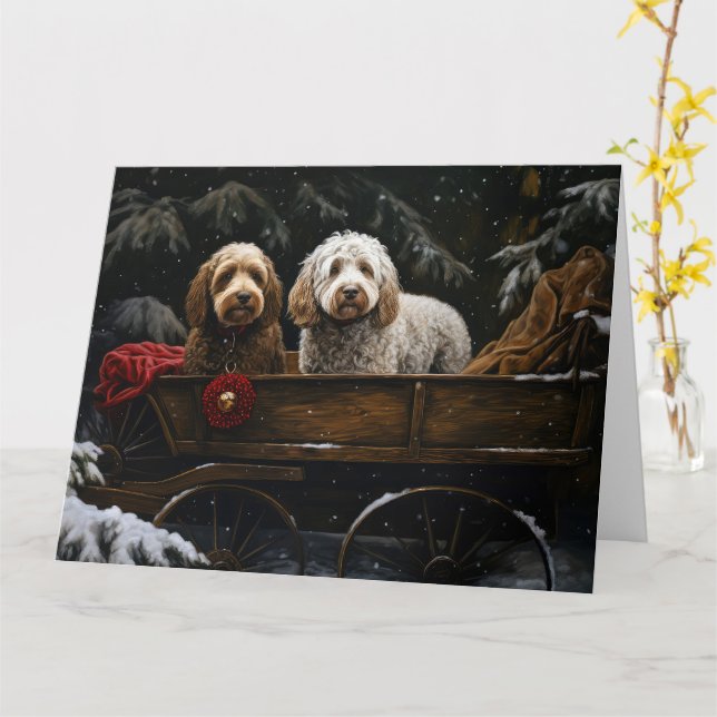 Cockapoo Snowy Sleigh Weihnachtsdekor Karte (Gelbe Blume)