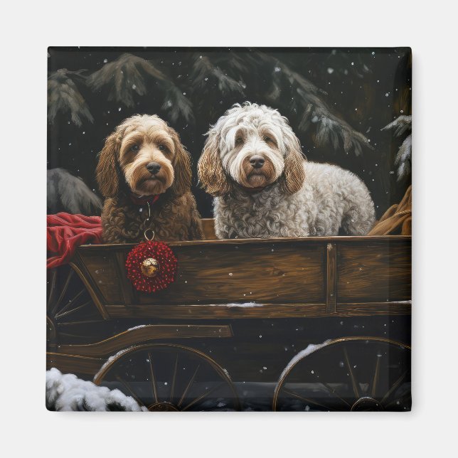 Cockapoo Snowy Sleigh Weihnachtsdekor Magnet (Vorne)