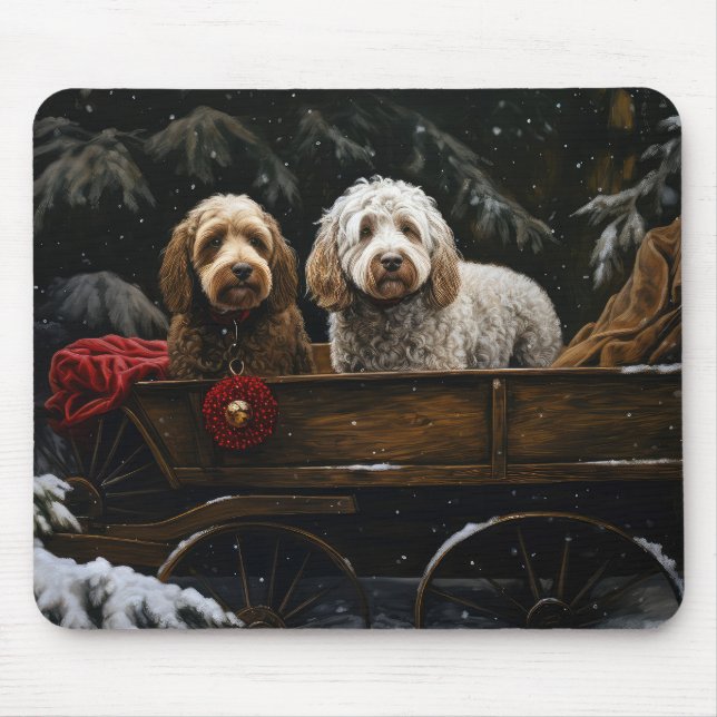 Cockapoo Snowy Sleigh Weihnachtsdekor Mousepad (Vorne)