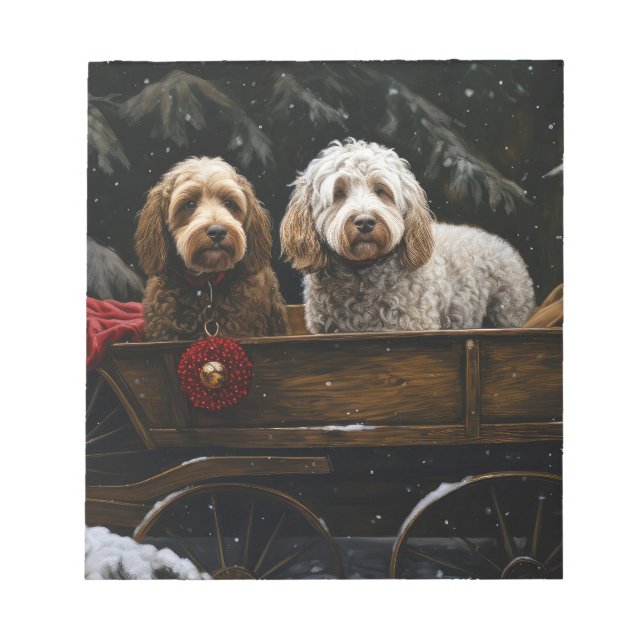 Cockapoo Snowy Sleigh Weihnachtsdekor Notizblock (Vorderseite)
