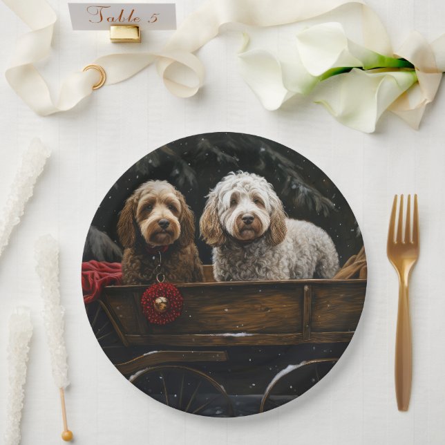 Cockapoo Snowy Sleigh Weihnachtsdekor Pappteller (Hochzeit)
