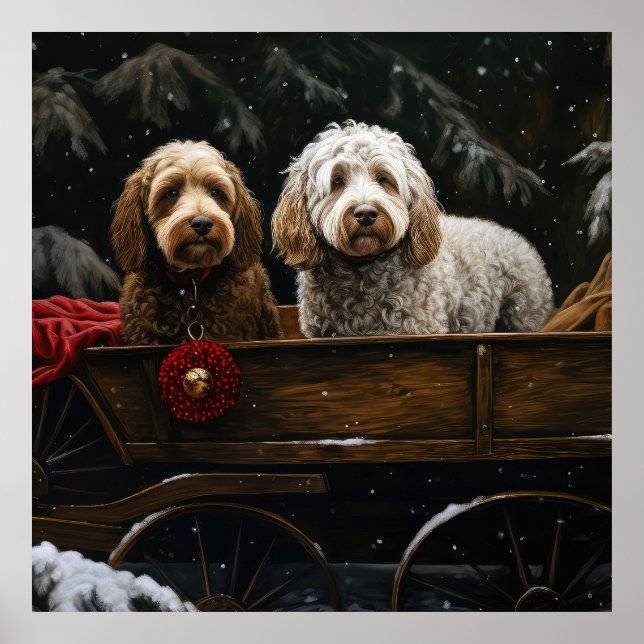 Cockapoo Snowy Sleigh Weihnachtsdekor Poster (Vorne)