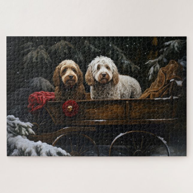 Cockapoo Snowy Sleigh Weihnachtsdekor Puzzle (Horizontal)