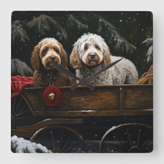 Cockapoo Snowy Sleigh Weihnachtsdekor Quadratische Wanduhr (Vorderseite)