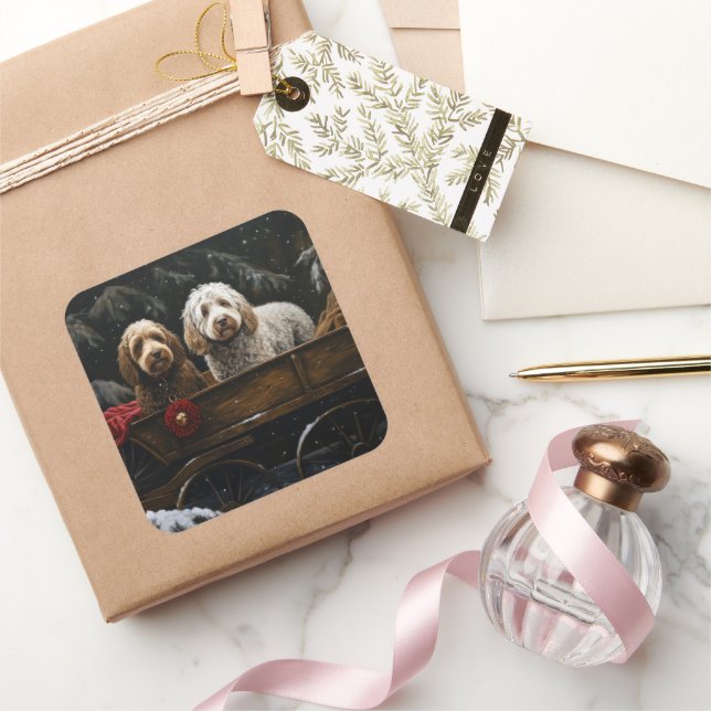 Cockapoo Snowy Sleigh Weihnachtsdekor Quadratischer Aufkleber (Schenken)