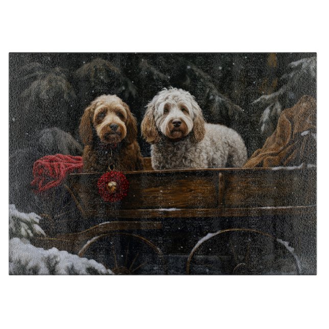 Cockapoo Snowy Sleigh Weihnachtsdekor Schneidebrett (Vorderseite)