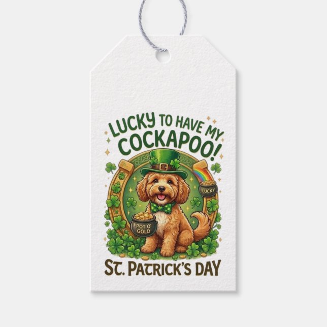 Cockapoo St. Patrick's Day Glückshund Topf mit Gol Geschenkanhänger (Vorderseite)