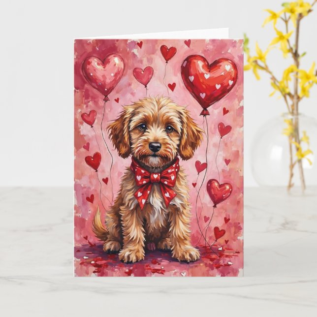Cockapoo Valentine Dog Sitting with Hearts Red Karte (Gelbe Blume)