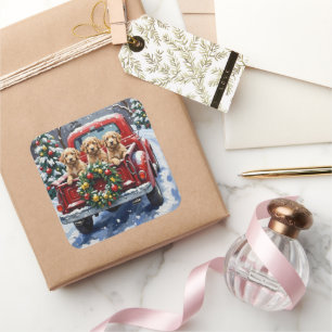 Cockapoo Weihnachten Rotes Lastwagen Ferien Quadratischer Aufkleber