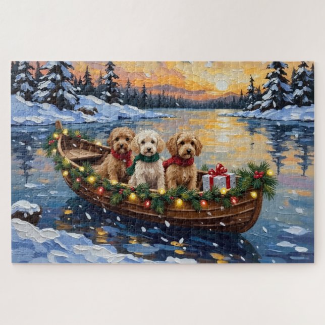 Cockapoo-Weihnachtsboot-Feiertag Puzzle (Horizontal)
