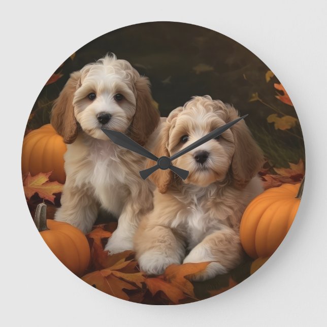 Cockapoo Welpe Herbst Kürbis Große Wanduhr (Vorderseite)