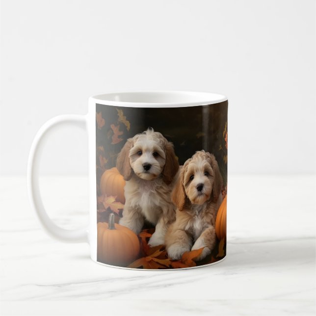 Cockapoo Welpe Herbst Kürbis Kaffeetasse (Links)
