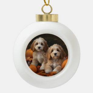 Cockapoo Welpe Herbst Kürbis Keramik Kugel-Ornament