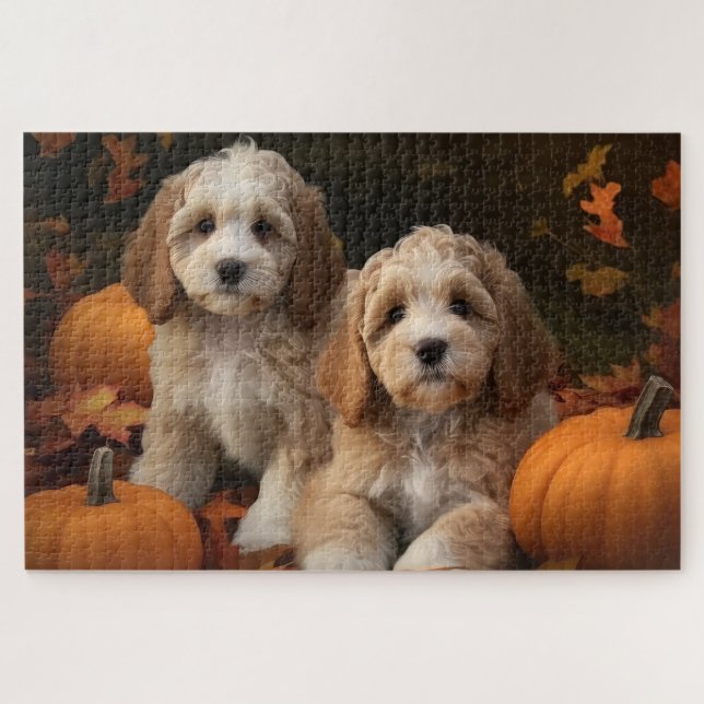 Cockapoo-Welpe Herbstfreude Kürbis  Puzzle (Horizontal)