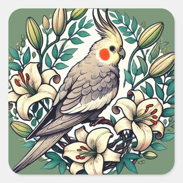 Cockatiel Bird Illustration Quadratischer Aufkleber (Vorderseite)