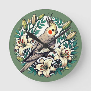 Cockatiel Bird Illustration Runde Wanduhr