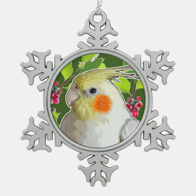 Cockatiel mit grünen, holzigen Blätter und roten B Schneeflocken Zinn-Ornament (Vorderseite)