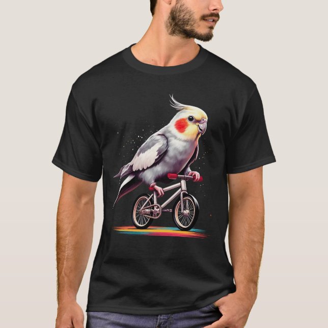 Cockatiel Parrot Bird Riding Bike Biker Bicycle T-Shirt (Vorderseite)