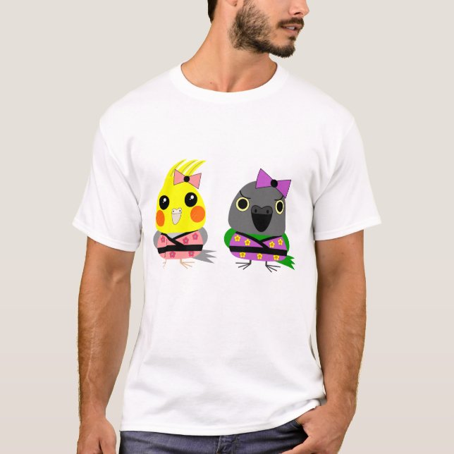 Cockatiel und Senegal-Papagei in den Kimonos T-Shirt (Vorderseite)