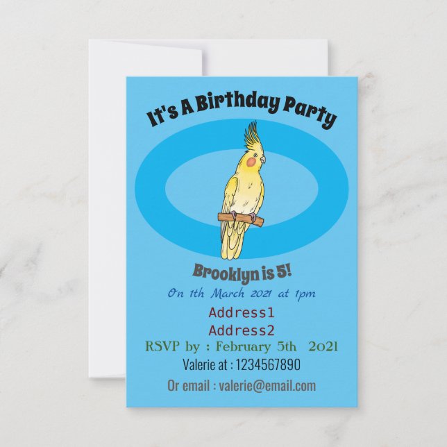 Cockatiel-Vogel-Cartoon Einladung (Vorderseite)