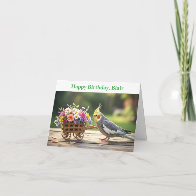 Cockatiel with Flowers Custom name & text birthday Karte (Vorderseite)
