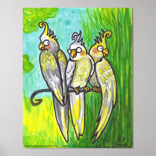 Cockatiels 3 Cartoon Birds Tiefbrot-Tier-Kunstdruc Poster (Vorne)