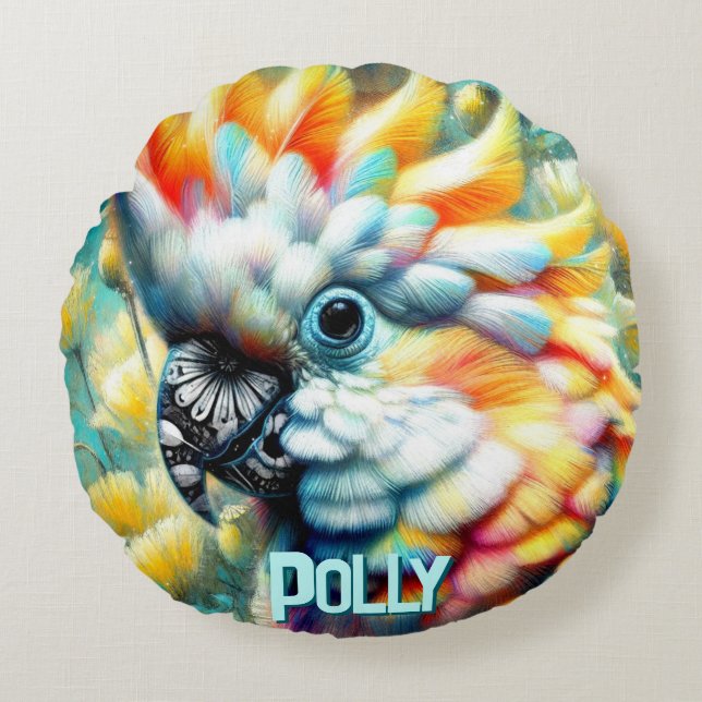 Cockatoo Bird Yellow Poppies Personalized Rundes Kissen (Vorderseite)
