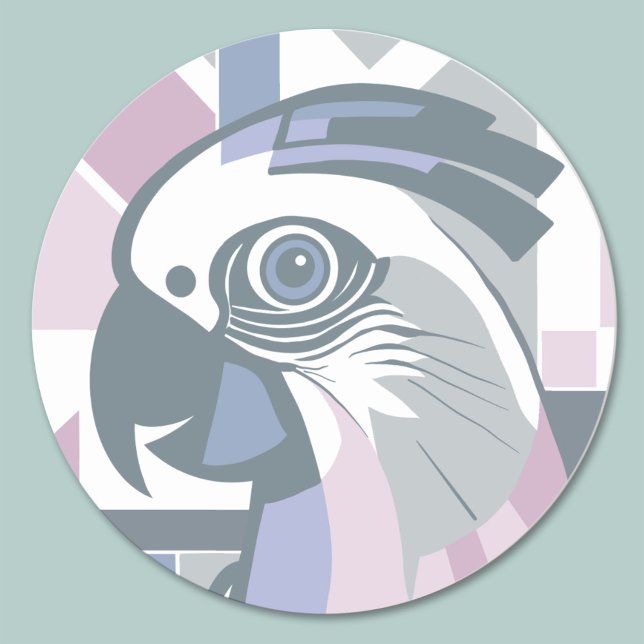 Cockatoo Parrot Gestell Gestell geometrische Vogel Runder Aufkleber (Cockatoo parrot sticker in modern abstract geometric style with chic colors of lavender, pink & gray)