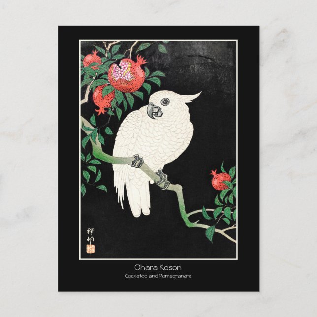 Cockatoo und Pomegranate - Ohara Koson + Titel Art Postkarte (Vorderseite)