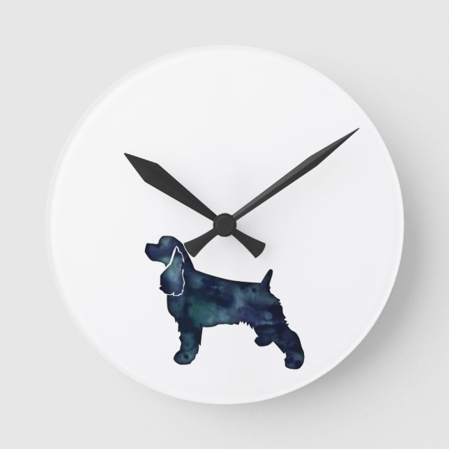 Cocker Spanel Hund Silhouette Black Watercolor Runde Wanduhr (Vorderseite)
