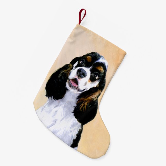 Cocker spanel (Parti) Malerei - Original Hundekuns Kleiner Weihnachtsstrumpf (Vorderansicht (hängend))