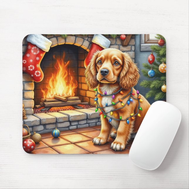 Cocker Spaniel am Kamin mit Weihnachtslichtern Mousepad (Mit Mouse)