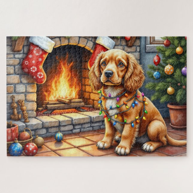 Cocker Spaniel am Kamin mit Weihnachtslichtern Puzzle (Horizontal)