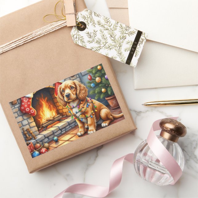 Cocker Spaniel am Kamin mit Weihnachtslichtern Rechteckiger Aufkleber (Schenken)
