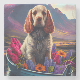 Cocker Spaniel auf einem Paddel: Ein landschaftlic Steinuntersetzer