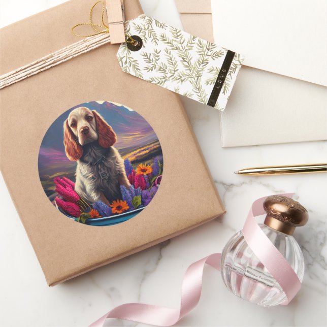 Cocker Spaniel auf einem Paddle: Ein Landschaftlic Runder Aufkleber (Schenken)
