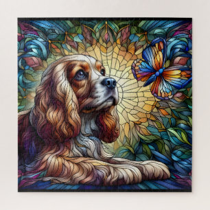Cocker spaniel, aus Hartglas, lebhaft gelb, blau Puzzle