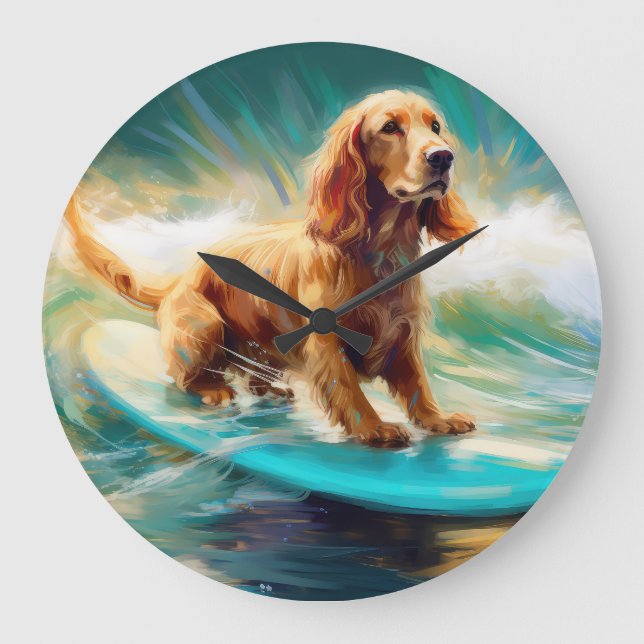 Cocker Spaniel Beach Surfmalerei Große Wanduhr (Vorderseite)
