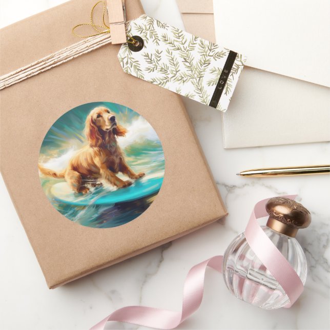 Cocker Spaniel Beach Surfmalerei Runder Aufkleber (Schenken)