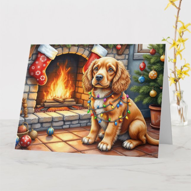 Cocker Spaniel by Fireplace with Christmas Lights Karte (Gelbe Blume)