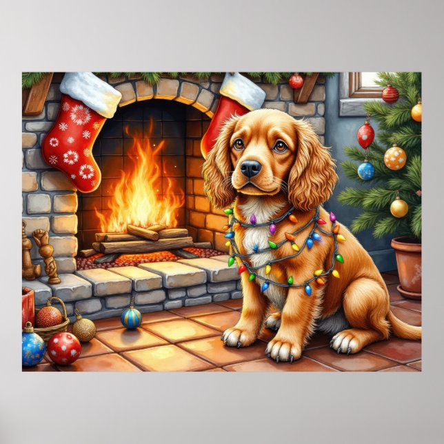 Cocker Spaniel by Fireplace with Christmas Lights Poster (Vorne)